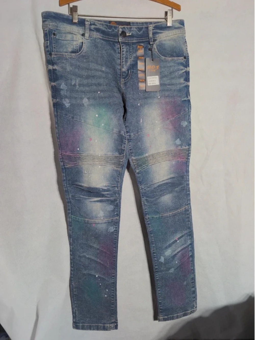 NWT Ministry of Fashion Biker Jeans 34x34 Skinny Paint Splatter Moto